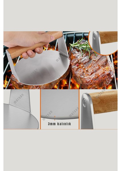 304 Paslanmaz Çelik Burger Presi | Ahşap Saplı Smasher | Profesyonel Izgara Aksesuarı | 12 cm