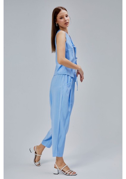 Bebe Mavisi V Yaka Fiyonk Detaylı Yelek-Pantolon Takım