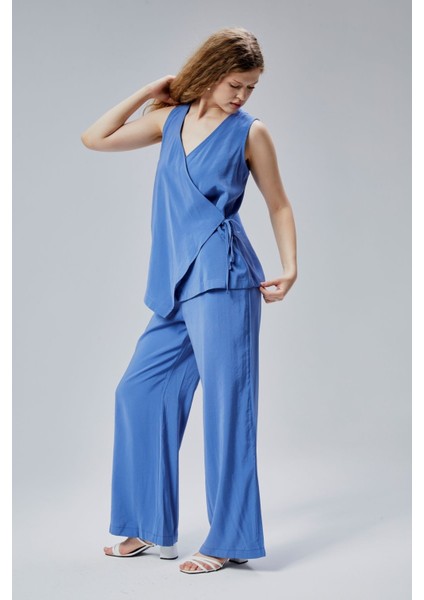 Indigo V Yaka Yandan Bağlama Detaylı Yelek-Pantolon Takım indirimleri