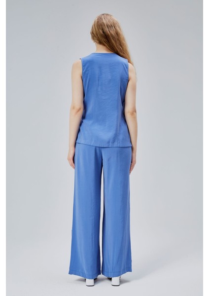 Indigo V Yaka Yandan Bağlama Detaylı Yelek-Pantolon Takım