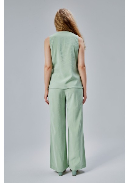 Mint V Yaka Yandan Bağlama Detaylı Yelek-Pantolon Takım