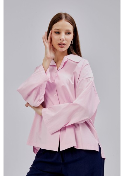 Pembe Oversize Poplin Gömlek