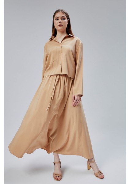 Vizon Beli Lastikli Modal Dokuma Etek