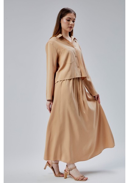 Vizon Beli Lastikli Modal Dokuma Etek