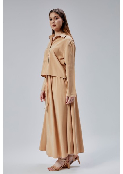 Vizon Beli Lastikli Modal Dokuma Etek