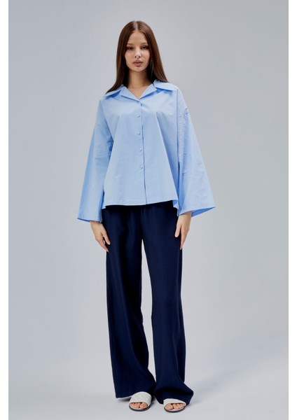 Bebe Mavisi Oversize Poplin Gömlek