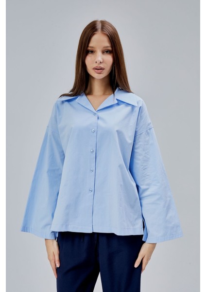 Bebe Mavisi Oversize Poplin Gömlek