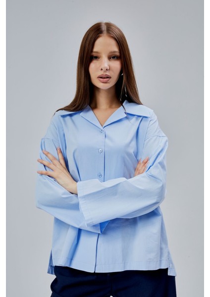 Bebe Mavisi Oversize Poplin Gömlek