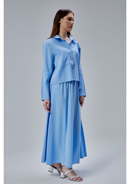 Bebe Mavisi Beli Lastikli Modal Dokuma Etek