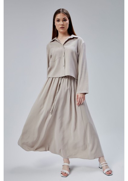 Bej Beli Lastikli Modal Dokuma Etek