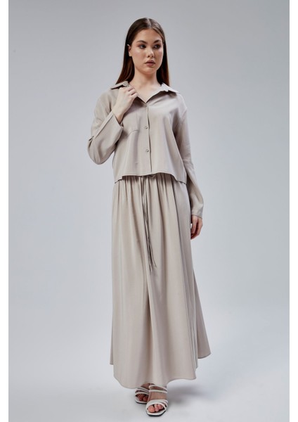 Bej Beli Lastikli Modal Dokuma Etek