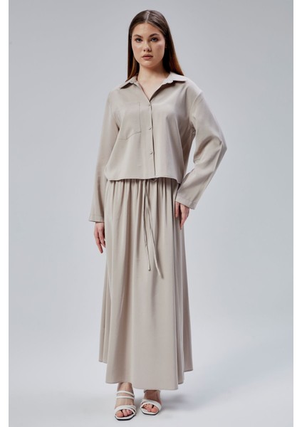 Bej Beli Lastikli Modal Dokuma Etek