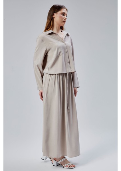 Bej Beli Lastikli Modal Dokuma Etek