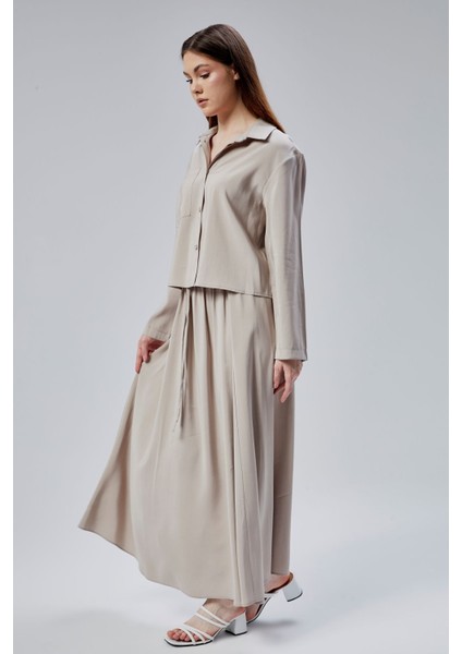 Bej Beli Lastikli Modal Dokuma Etek