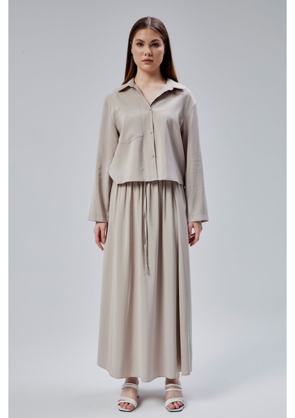 Bej Beli Lastikli Modal Dokuma Etek