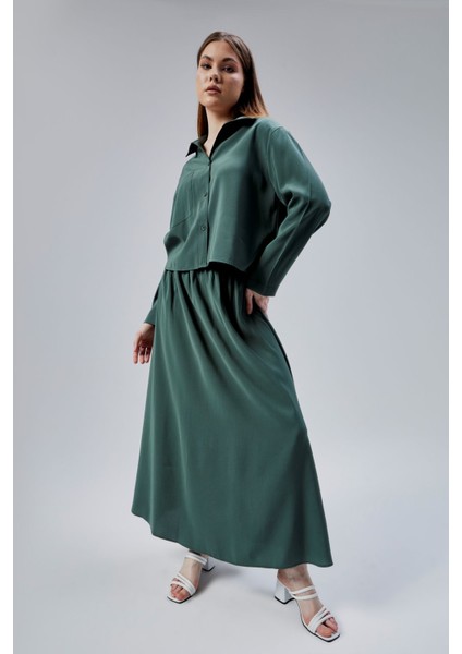 Haki Beli Lastikli Modal Dokuma Etek