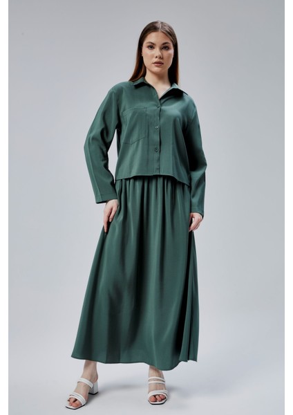 Haki Beli Lastikli Modal Dokuma Etek