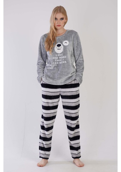 Kadın Gri Renk Welsoft Uzun Kollu Bisiklet Yaka Düz Paça Pijama Takımı C0T8N0403 fiyatları
