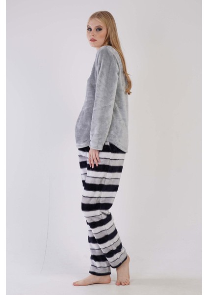 Kadın Gri Renk Welsoft Uzun Kollu Bisiklet Yaka Düz Paça Pijama Takımı C0T8N0403 modelleri