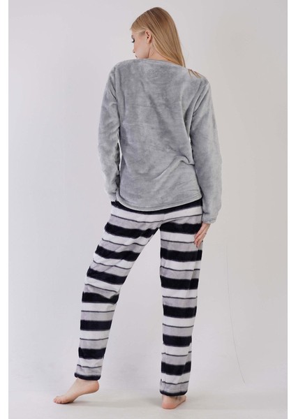 Kadın Gri Renk Welsoft Uzun Kollu Bisiklet Yaka Düz Paça Pijama Takımı C0T8N0403 fırsatları