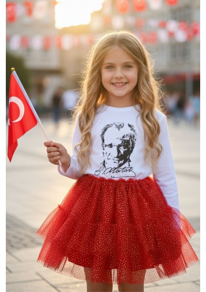 Kız Çocuk Simli Kırmızı Tütü Etek – Milli Bayramlara Özel Yaldızlı Astarlı Tütü Kız Çocuk Etek