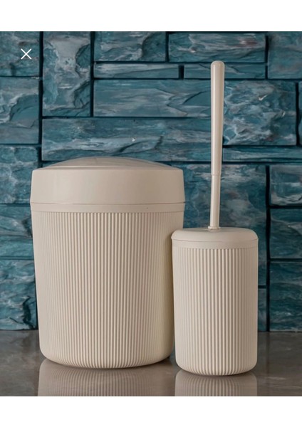 2'li Banyo Seti - Pratik Kapaklı Çizgili Çöp Kovası - Fırça Seti 7 Lt Çöp Kutu