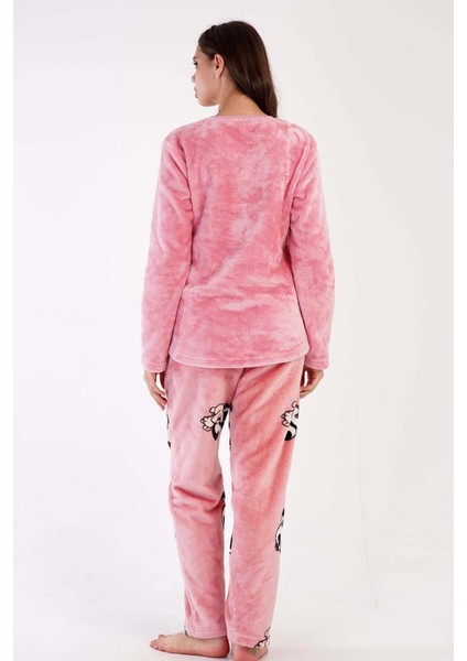 Kadın Pembe Renk Welsoft Uzun Kollu Bisiklet Yaka Düz Paça Pijama Takımı C3T3N0403 fırsatları