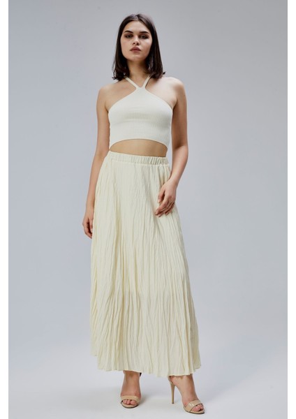 Sarı Krinkıl Beli Lastikli Vual Etek