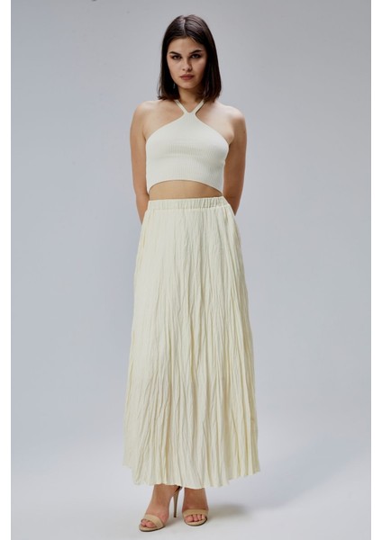 Sarı Krinkıl Beli Lastikli Vual Etek