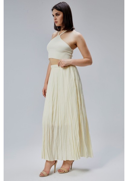 Sarı Krinkıl Beli Lastikli Vual Etek