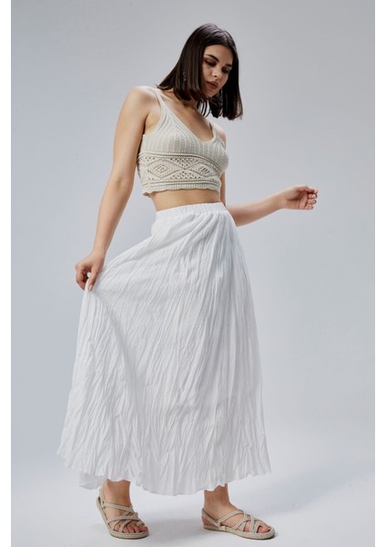 Beyaz Krinkıl Beli Lastikli Vual Etek