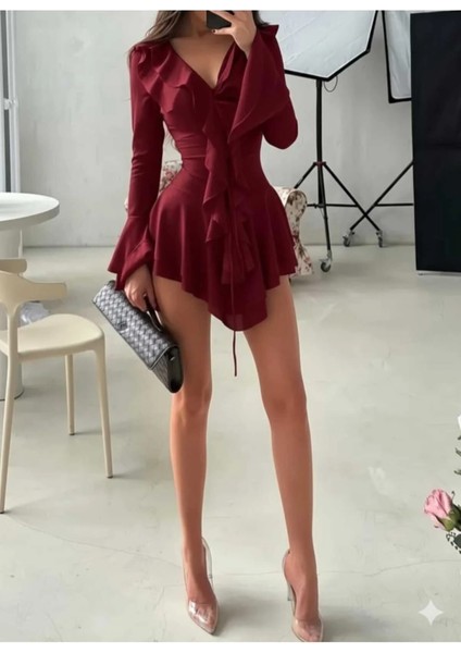 Kadın Mini Fırfır Detaylı Şık Elbise Astarlı