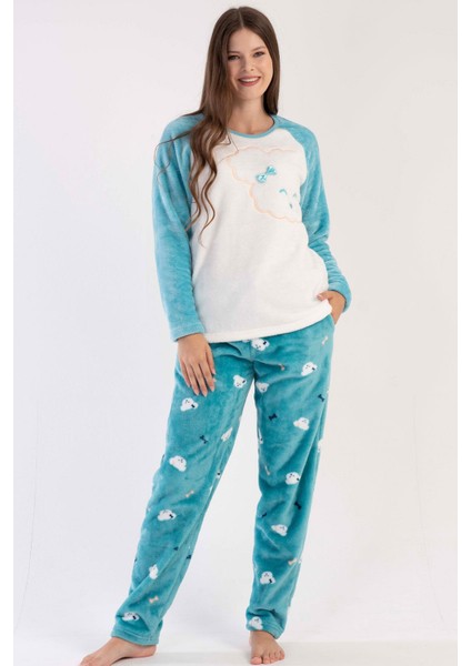 Kadın Mint Renk Welsoft Uzun Kollu Bisiklet Yaka Düz Paça Pijama Takımı C0T9N0303