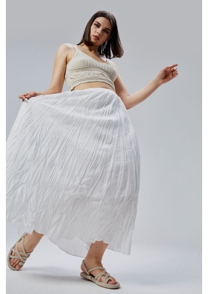 Beyaz Krinkıl Beli Lastikli Vual Etek