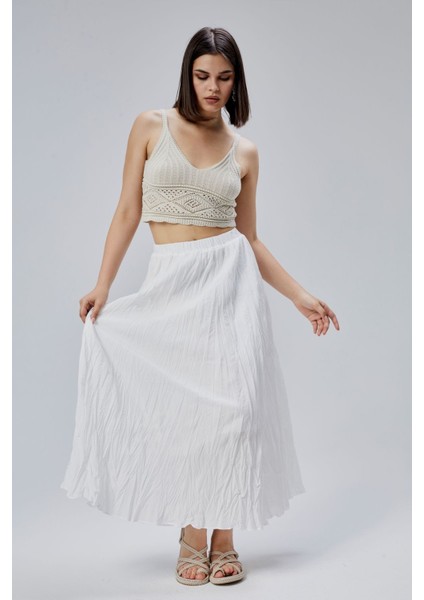 Beyaz Krinkıl Beli Lastikli Vual Etek