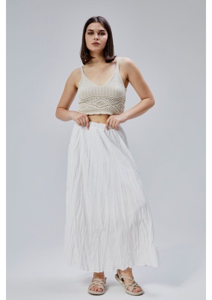 Beyaz Krinkıl Beli Lastikli Vual Etek