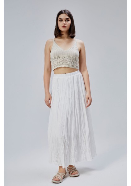 Beyaz Krinkıl Beli Lastikli Vual Etek
