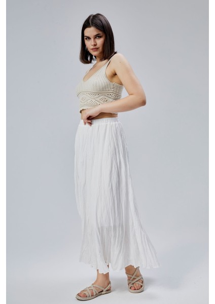 Beyaz Krinkıl Beli Lastikli Vual Etek