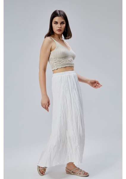 Beyaz Krinkıl Beli Lastikli Vual Etek