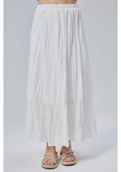 Beyaz Krinkıl Beli Lastikli Vual Etek