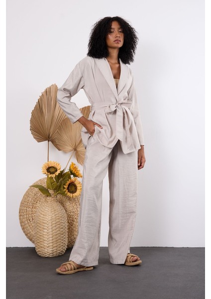 Açık Gri Oversize Kimono Takım