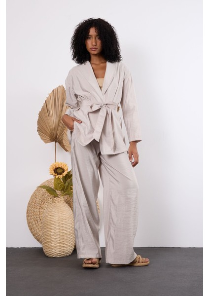 Açık Gri Oversize Kimono Takım