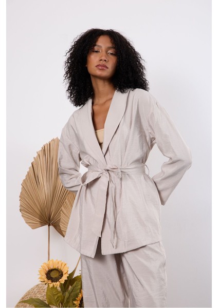 Açık Gri Oversize Kimono Takım