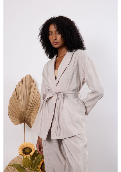 Açık Gri Oversize Kimono Takım