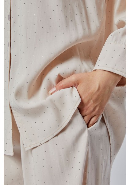 Taş Rengi Taş Işlemeli Salaş Kalıp Gömlek