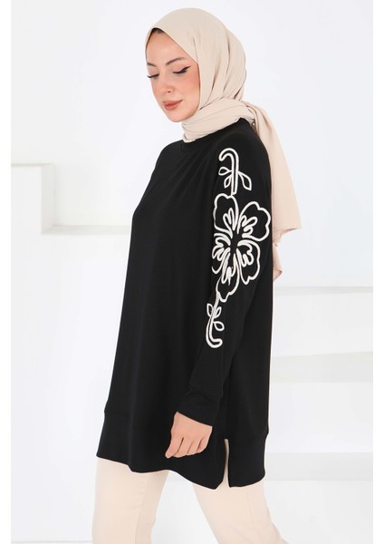 Kolları Nakış Detaylı Modal Tunik Siyah - 27703 modelleri