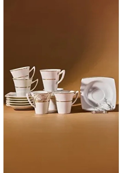 Autumn Porselen Kahve Fincan Takımı Desenli 6 Kişilik 85 ml Beyaz Renk