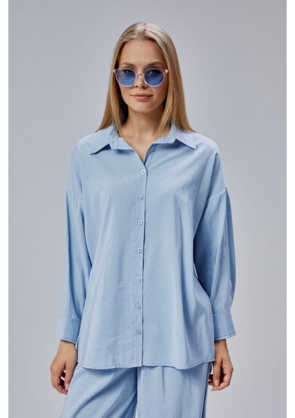 Bebe Mavisi Taş Işlemeli Salaş Kalıp Gömlek