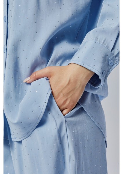 Bebe Mavisi Taş Işlemeli Salaş Kalıp Gömlek