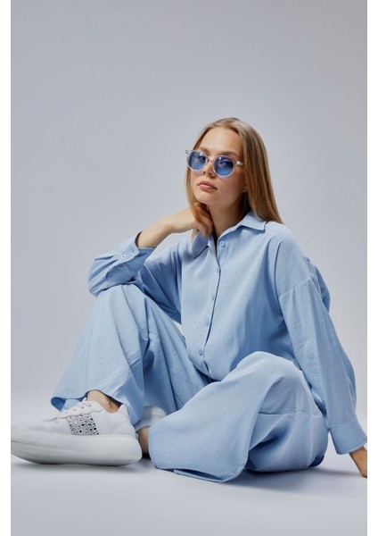 Bebe Mavisi Taş Işlemeli Salaş Kalıp Gömlek